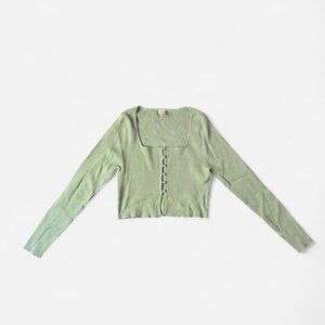 women's square neck button up green stretch fitted ribbed knit sweater cardigan